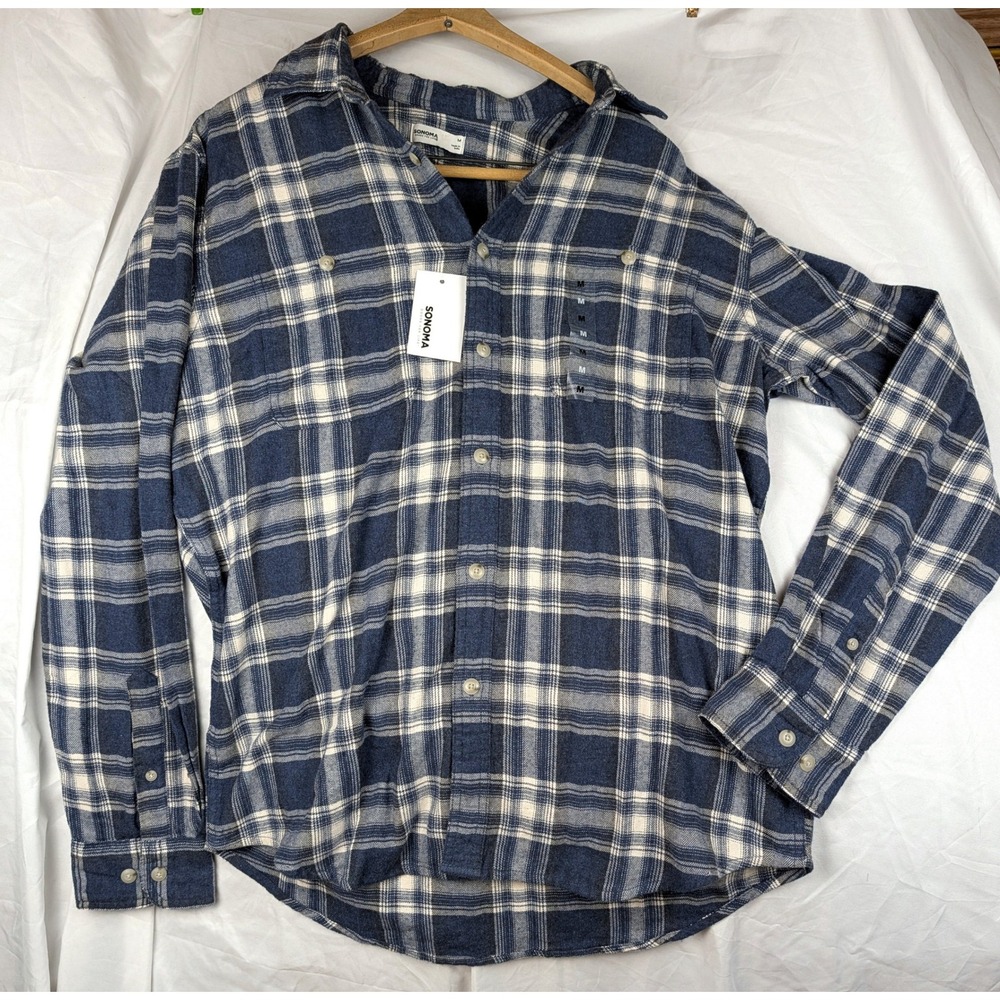 Sonoma Goods for Life Mens Blue White Plaid Flannel Shirt Medium NWT